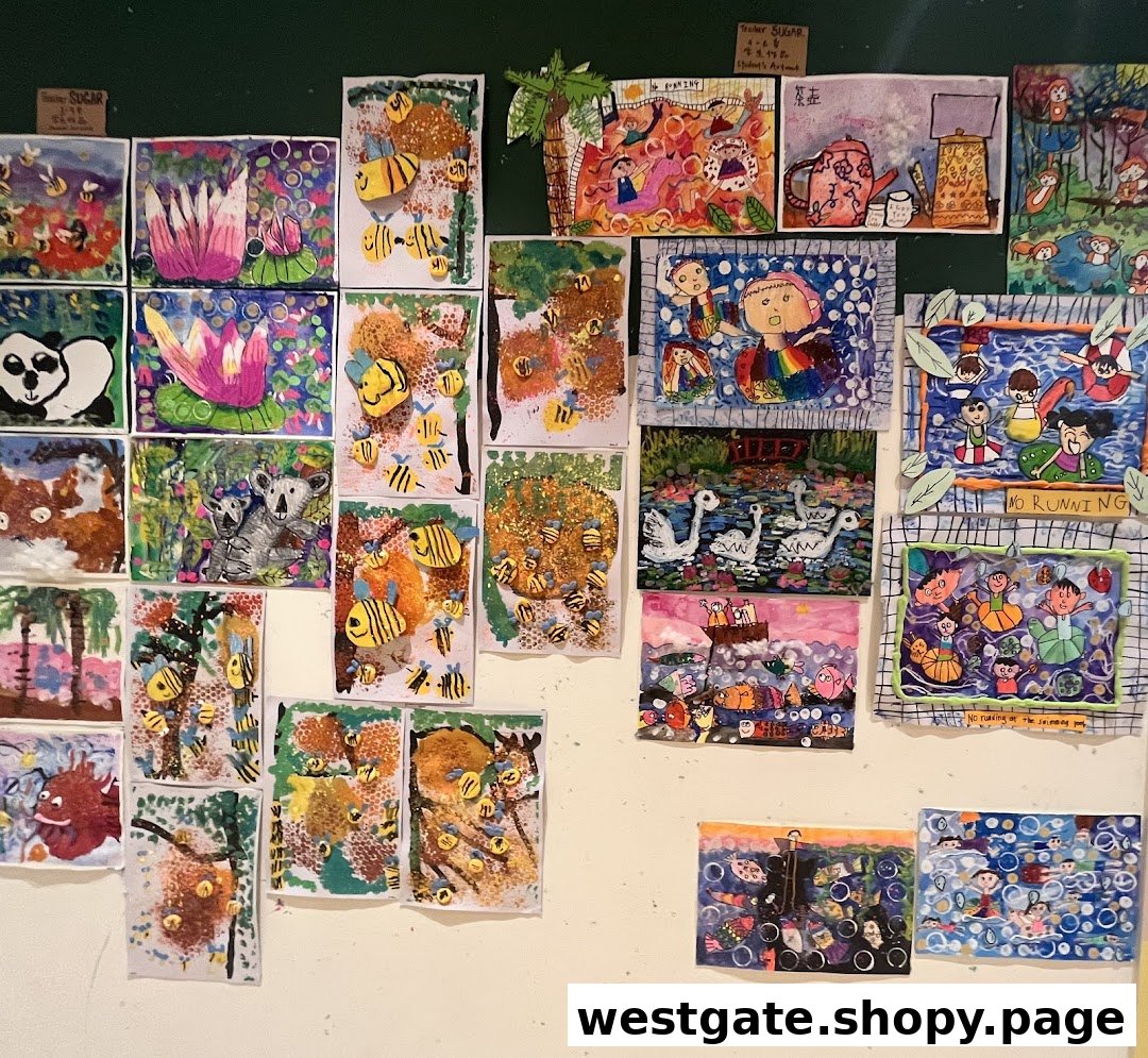 A wall covered with vibrant, diverse artworks created by young students, showcasing their artistic talent.