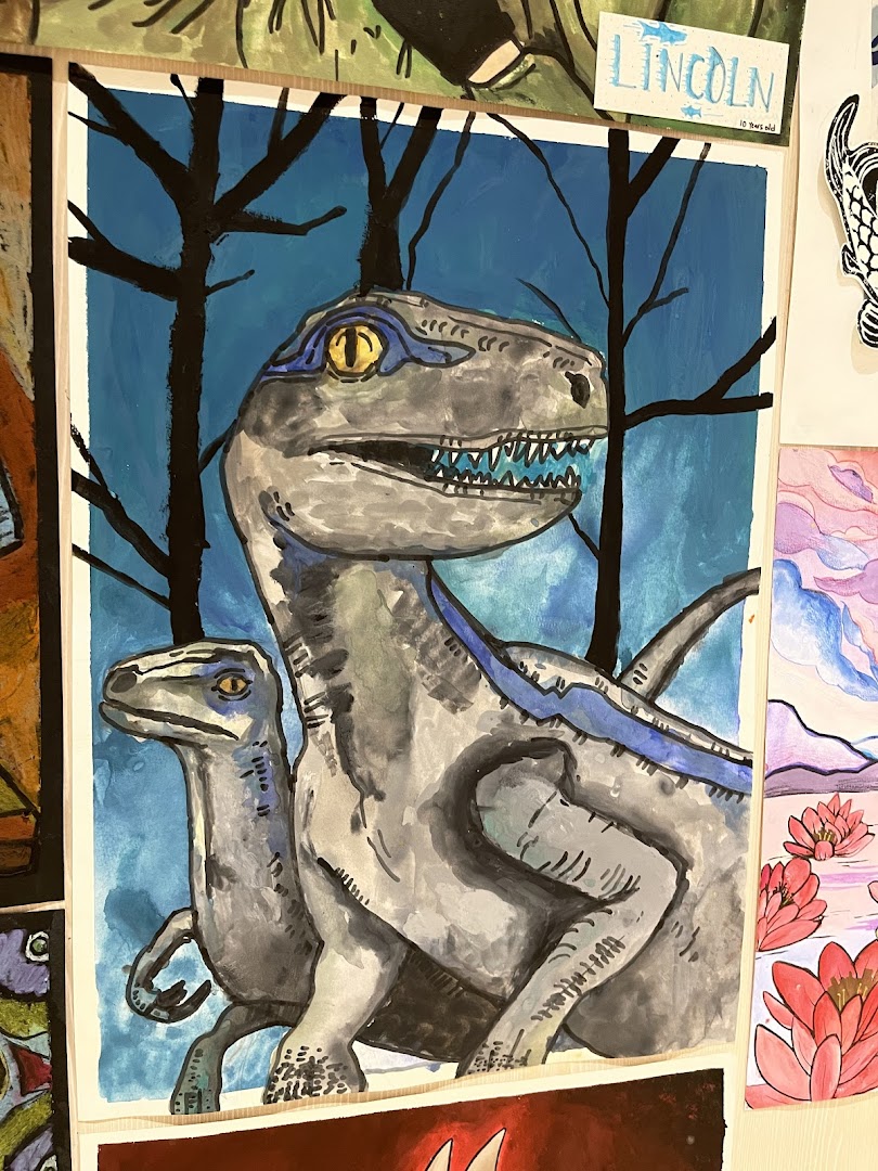 A vibrant watercolor painting of two blue velociraptors against a dark blue background with tree silhouettes.