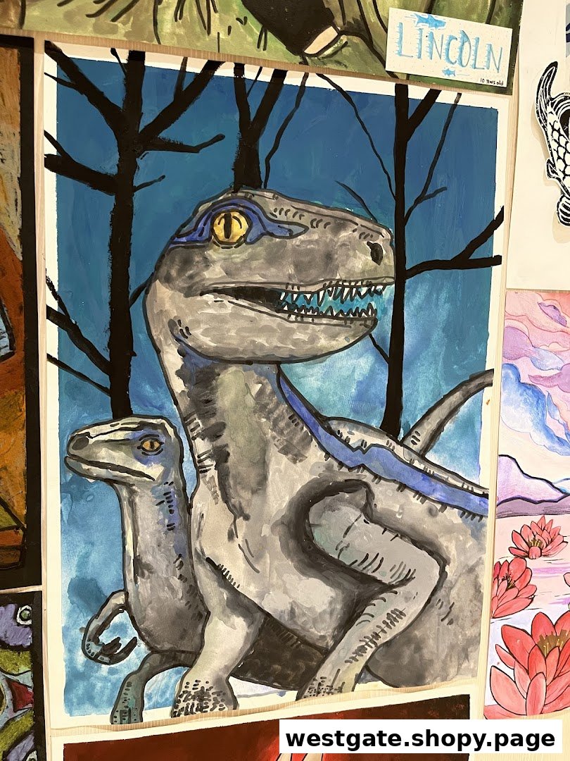 A vibrant watercolor painting of two blue velociraptors against a dark blue background with tree silhouettes.