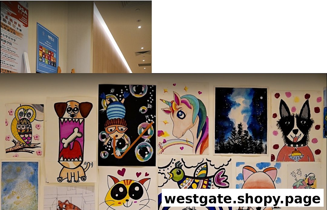A wall displaying colorful children's artwork, including animals and abstract designs, at an art campus.