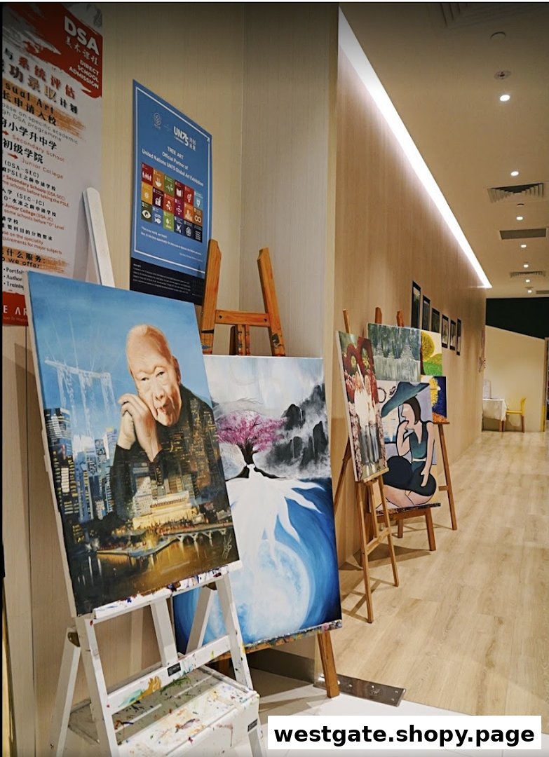 An interior view of an art school hallway displaying various student artworks on easels.