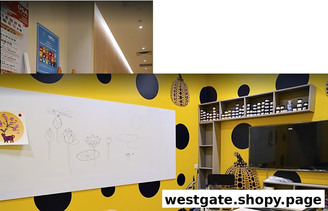 A vibrant art studio interior featuring a whiteboard with drawings, art supplies, and a distinctive yellow polka dot wall.