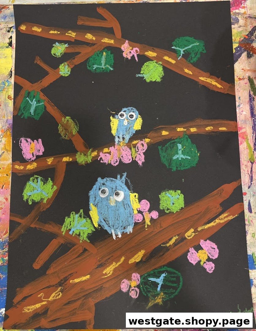 A vibrant child's artwork featuring two blue owls perched on a tree branch with colorful leaves and flowers.