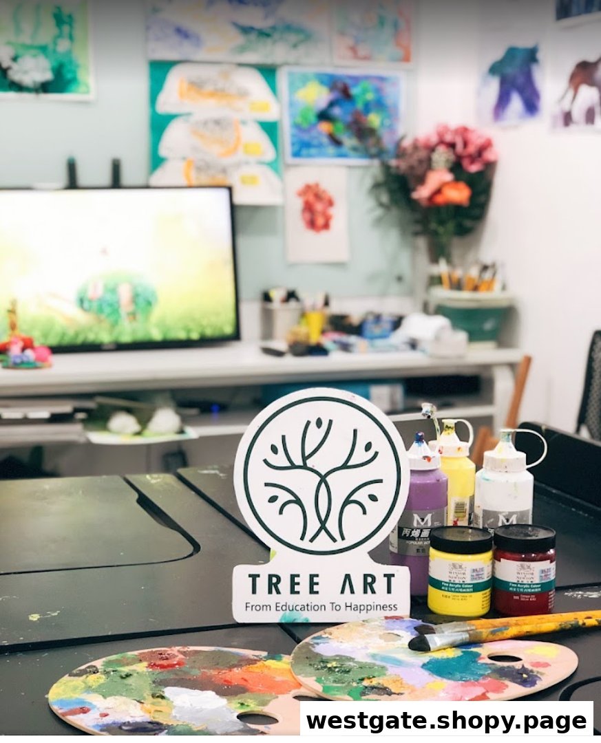 An art studio interior featuring paint palettes, brushes, paints, and student artworks, with the 'Tree Art' logo prominently displayed.