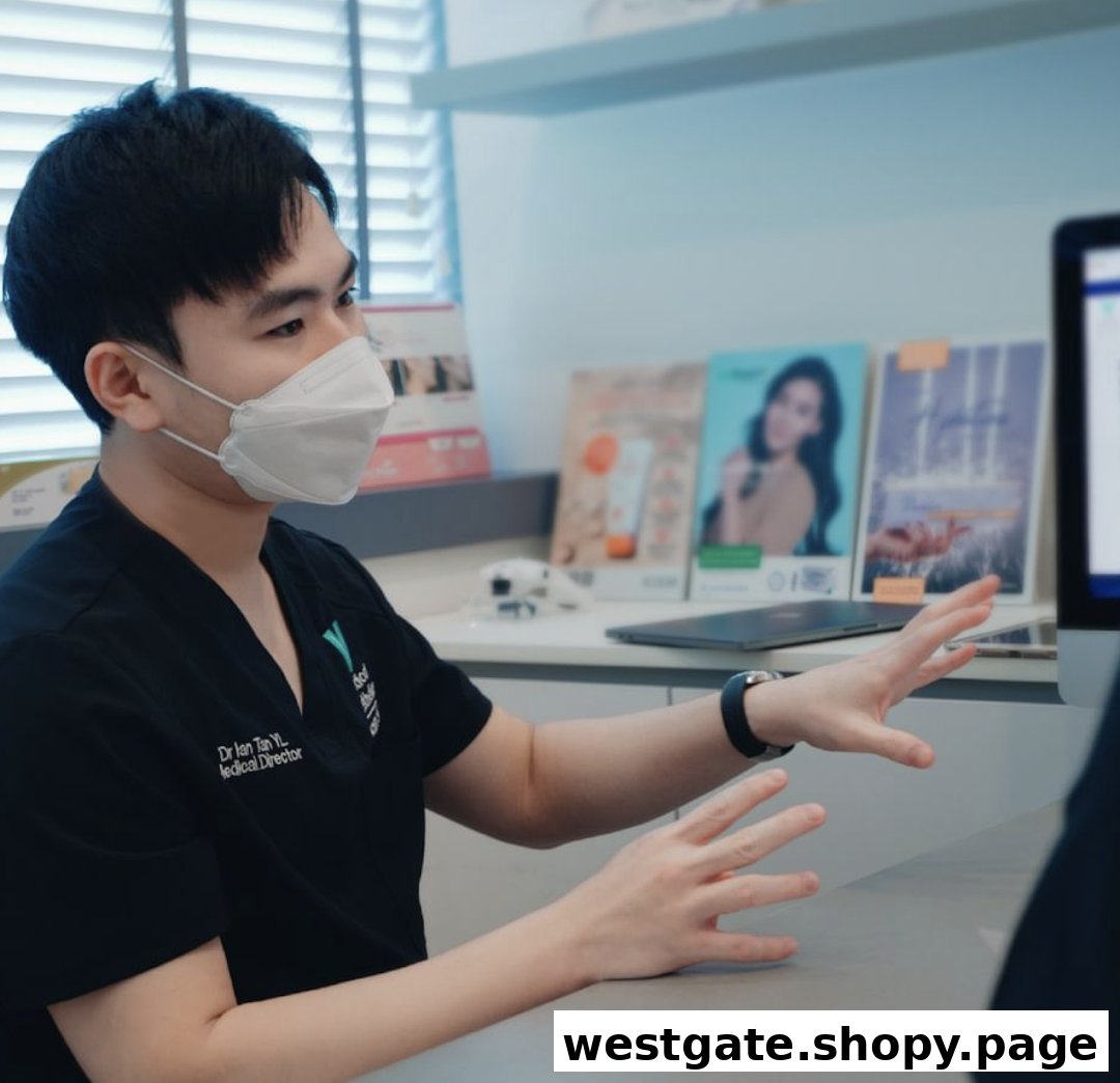 A masked medical professional consults with a client in a modern aesthetic clinic setting.