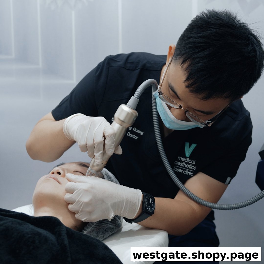 A doctor performs a laser treatment on a patient's face at V Medical Aesthetics & Laser Clinic.