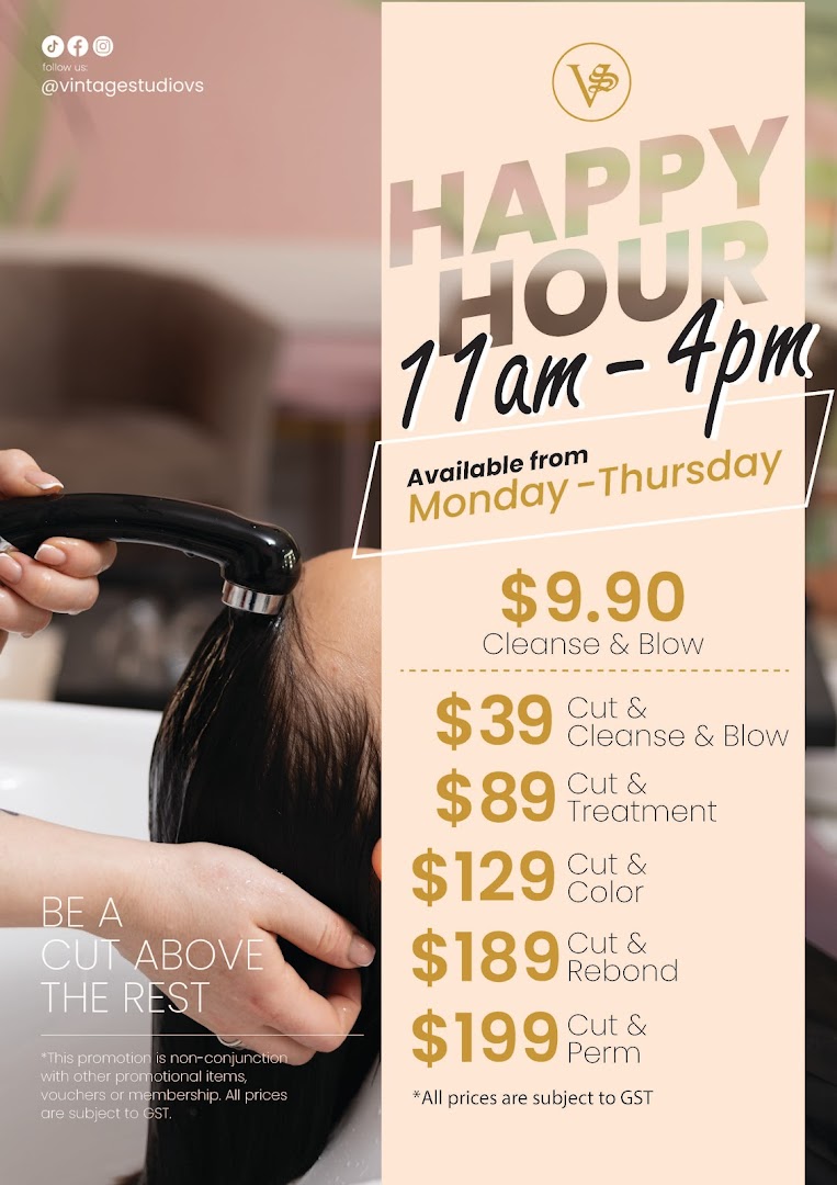 A promotional image for Vintage Studio VS Salon, featuring hair services and happy hour pricing.