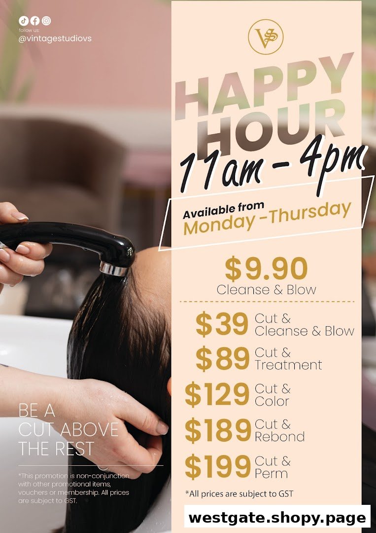 A promotional image for Vintage Studio VS Salon, featuring hair services and happy hour pricing.