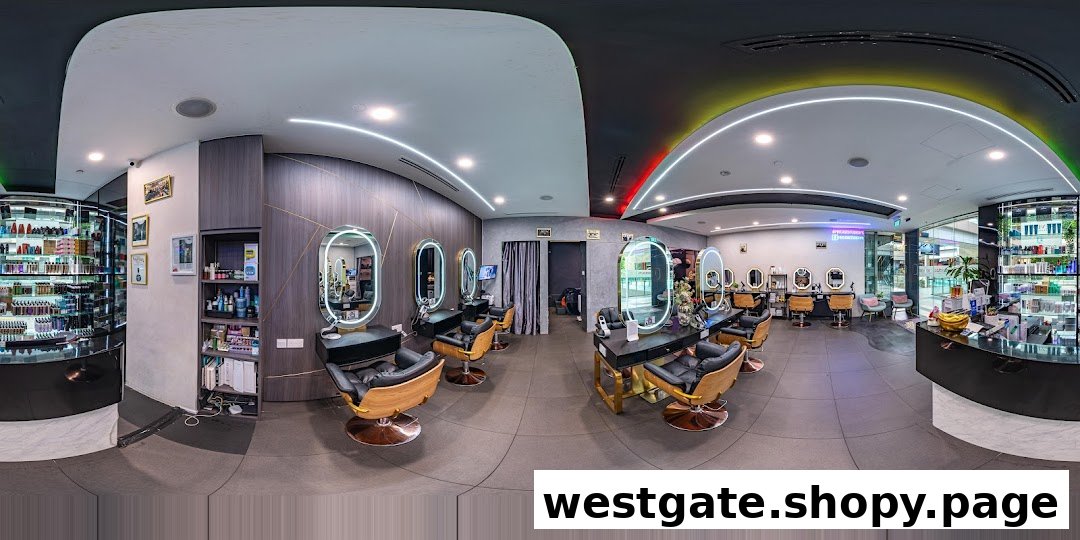 A panoramic view of a modern hair and beauty salon interior with multiple styling stations and product displays.