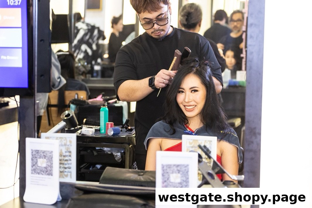 A stylist works on a smiling client's hair inside Vintage Studio VS Salon, showcasing professional service.