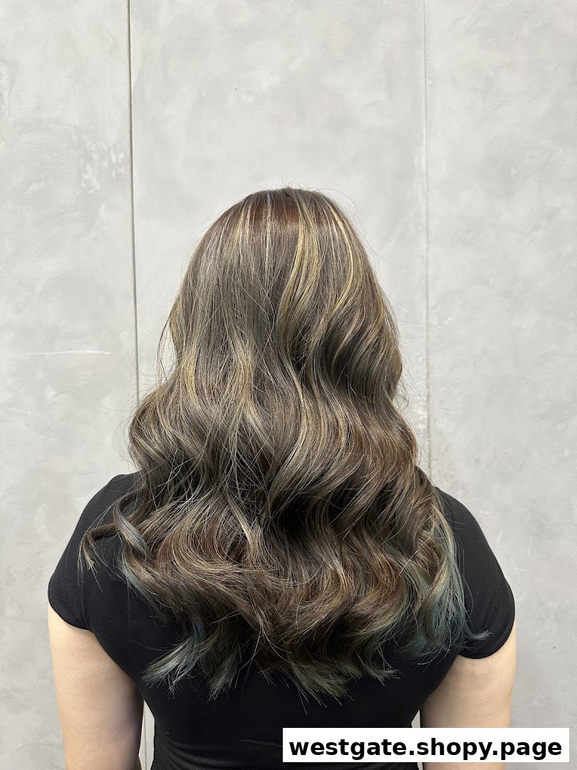 A person's back showcasing beautifully styled hair with highlights and subtle blue tones.