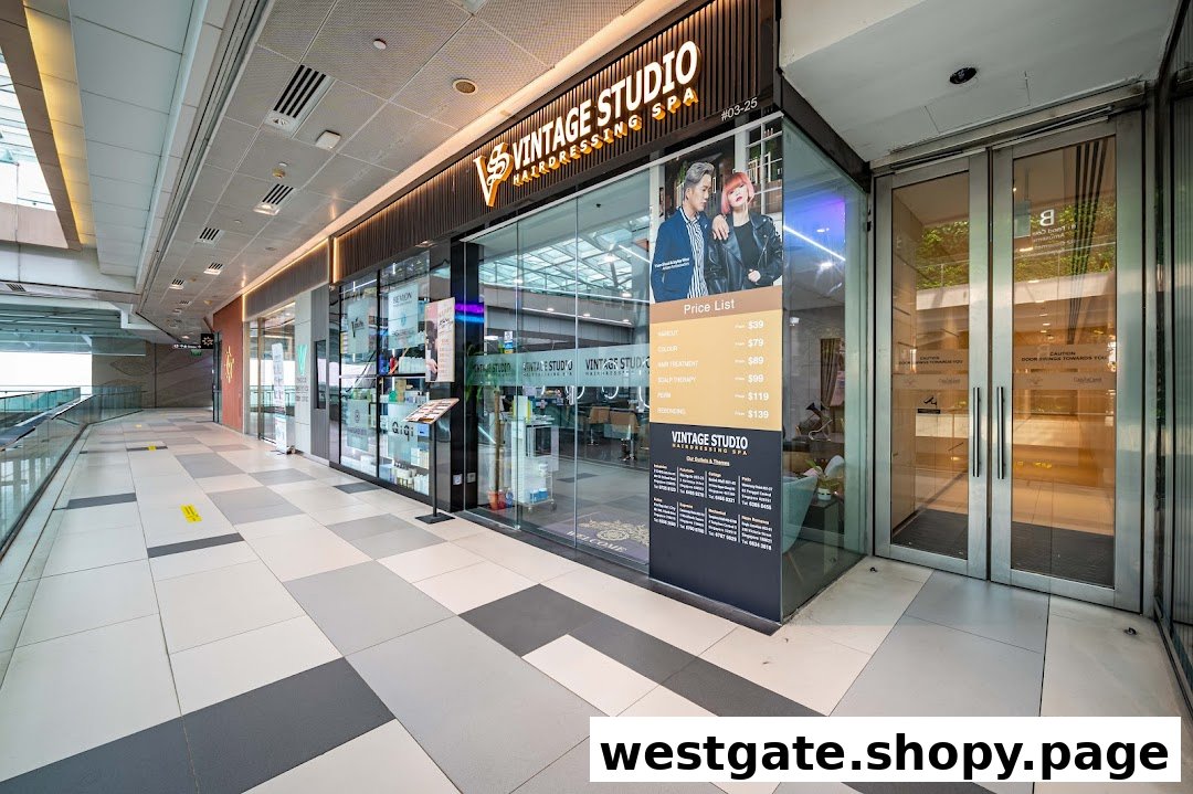 The storefront of Vintage Studio Hairdressing Spa at Westgate, showcasing its services and price list.