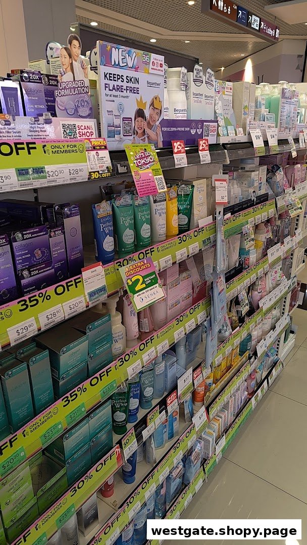A brightly lit retail shelf at Watsons/GNC, showcasing health and beauty products with various discounts.