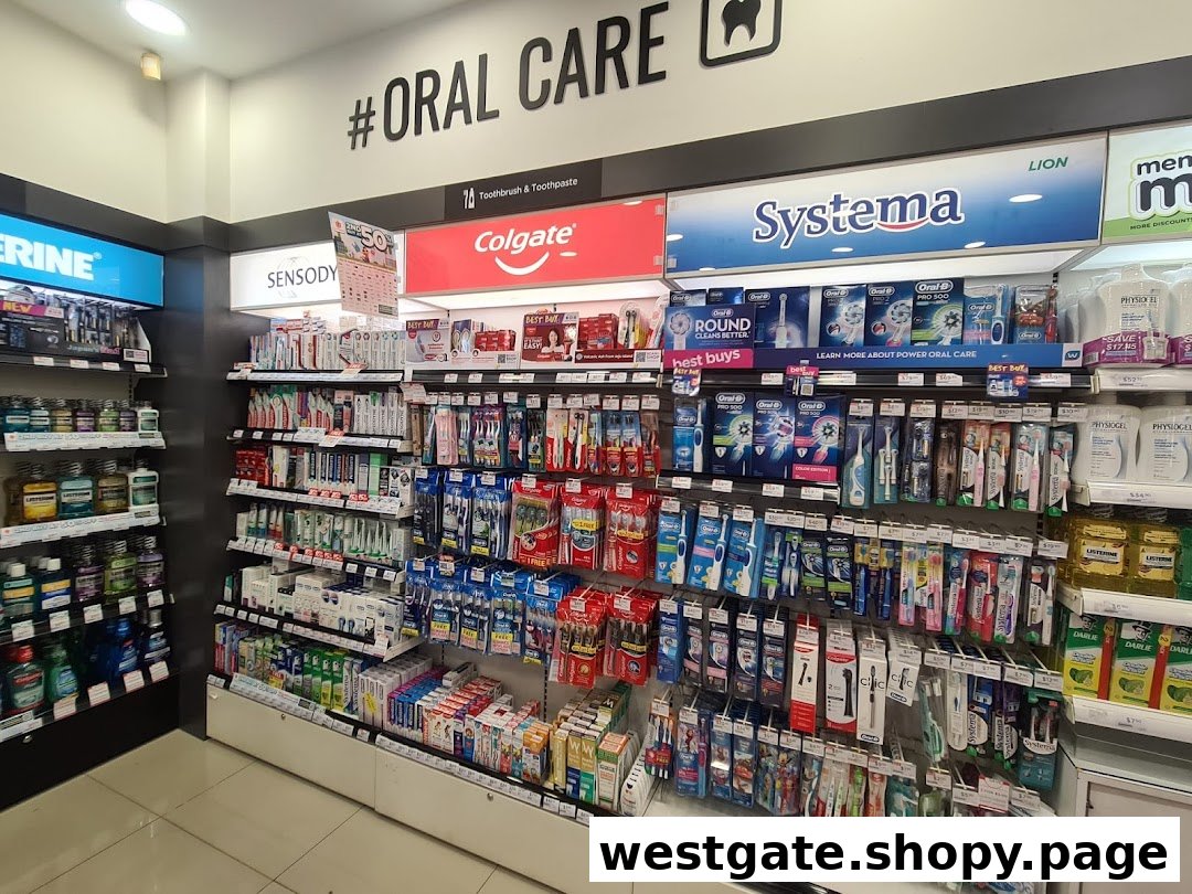 A well-stocked oral care aisle featuring toothbrushes, toothpaste, and mouthwash from various brands.