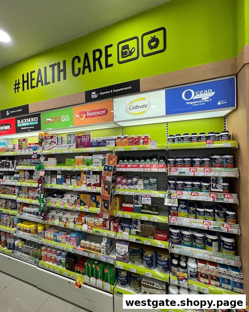 An aisle inside Watsons Singapore, showcasing a wide range of health care products, vitamins, and supplements.