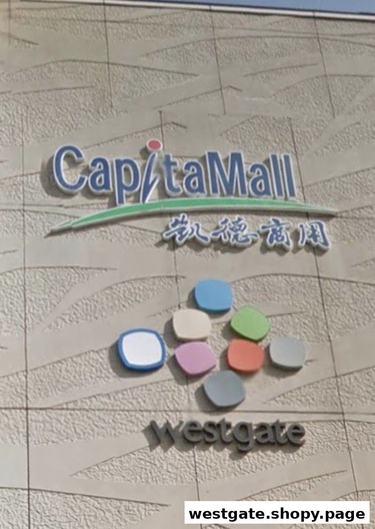Exterior signage for CapitaMall Westgate, featuring the mall's logo and name.