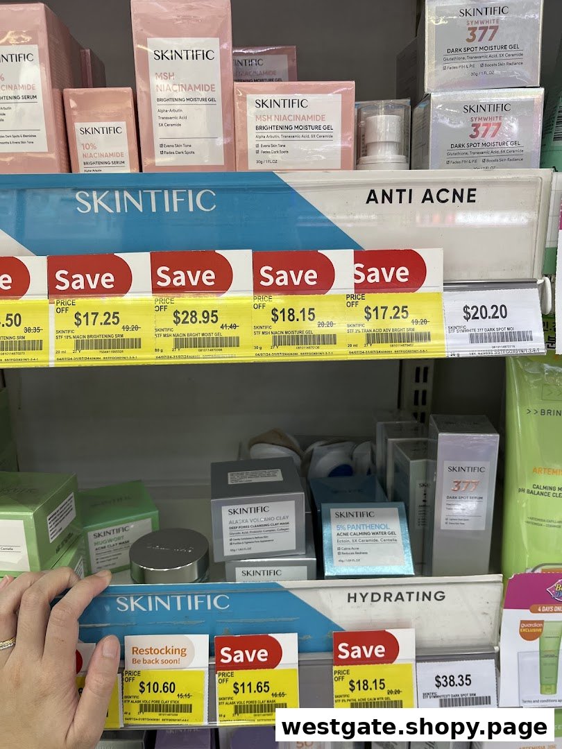 A close-up view of Skintific skincare products on display shelves with sale prices.