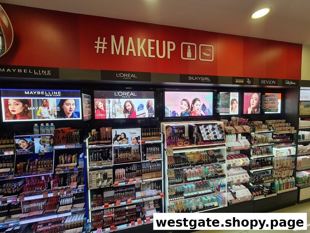 A vibrant display of cosmetics and beauty products from popular brands like Maybelline, L'Oréal, and Revlon.