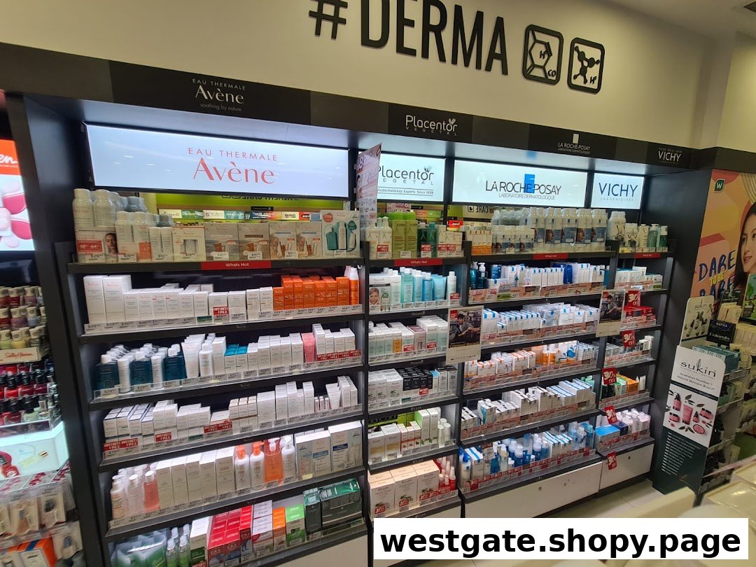 Shelves at Watsons displaying a wide range of derma skincare products from brands like Avène, La Roche-Posay, and Vichy.