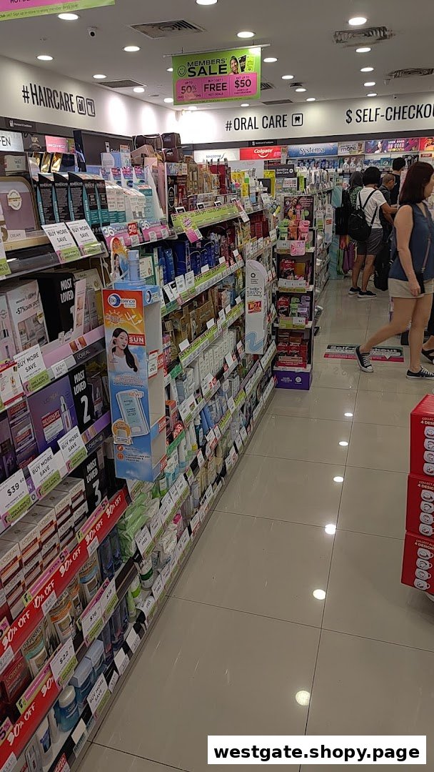 Interior view of a Watsons store aisle showcasing health, beauty, and personal care products.