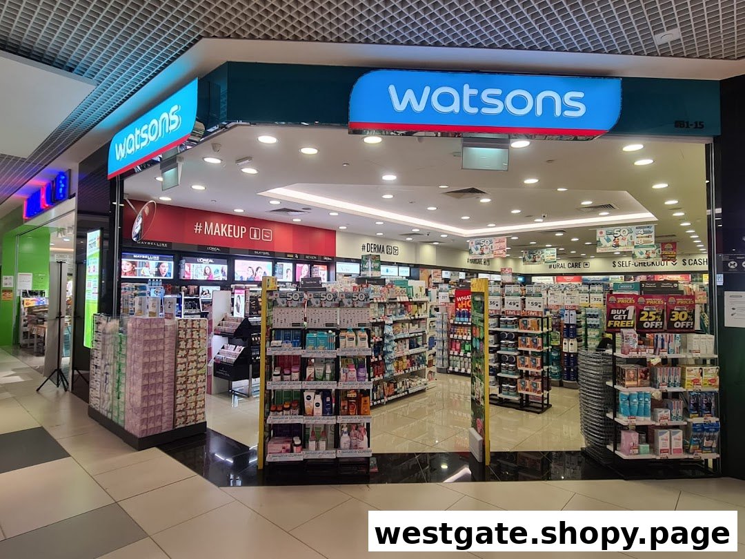 An interior view of Watsons, showcasing various health, beauty, and personal care products with prominent signage.