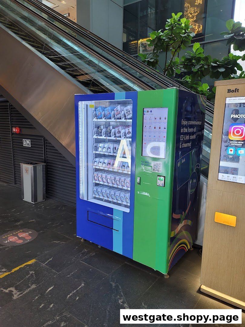 A blue and green EZ-Link vending machine offering cards and charms in a shopping mall.