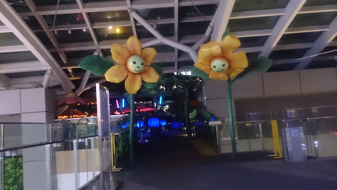 The entrance to Westgate Kids Club, featuring large, smiling flower decorations and colorful lights.