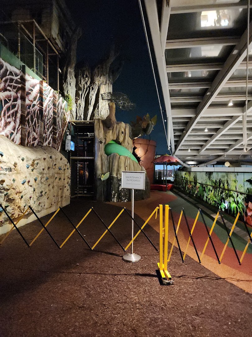 An indoor adventure play area featuring a large tree, climbing wall, and barriers, currently under maintenance.