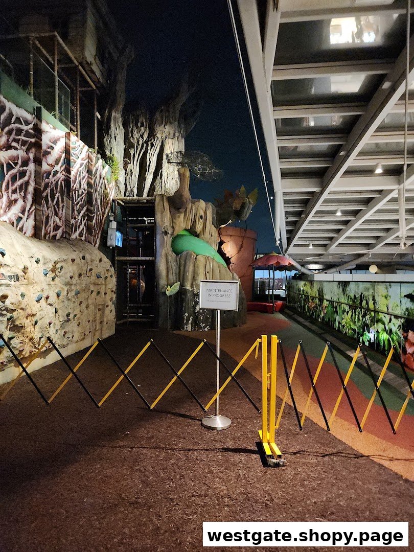 An indoor adventure play area featuring a large tree, climbing wall, and barriers, currently under maintenance.