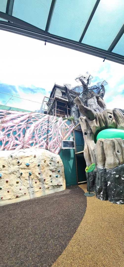 An outdoor adventure play area featuring a climbing wall and a multi-level treehouse structure.