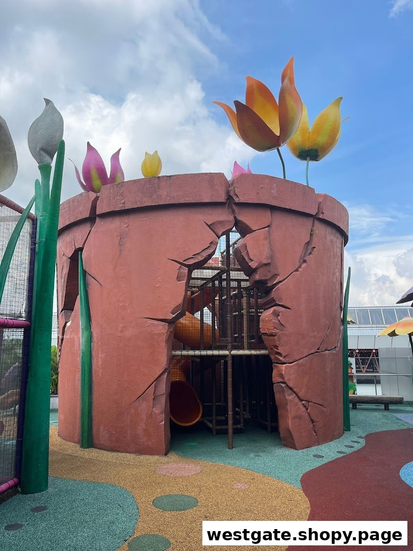 A large, cracked flower pot play structure with slides and colorful giant tulips under a blue sky.