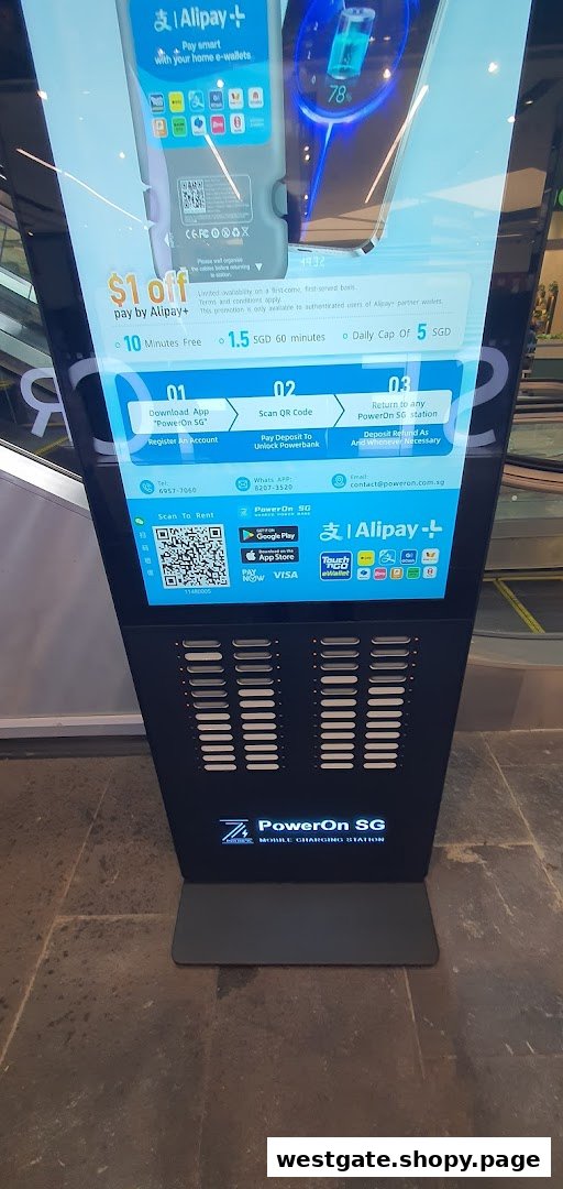 A PowerOn SG mobile charging station with a digital display for power bank rental.