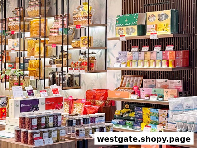 Shelves filled with a variety of packaged food, health products, and gift sets in a retail store.