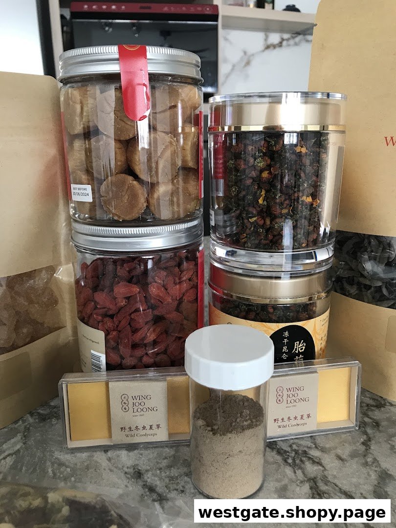 Assortment of traditional health products, including goji berries and cordyceps, in jars and packaging.