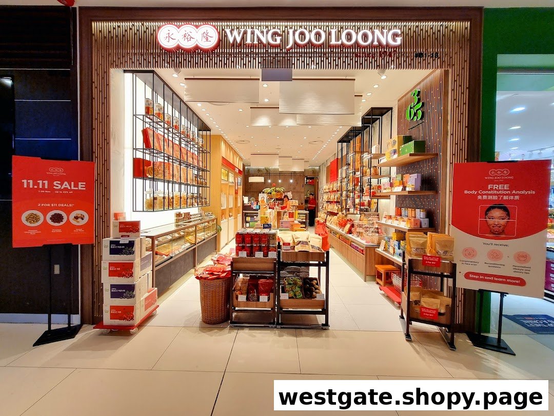 The inviting entrance of Wing Joo Loong, showcasing traditional health products and ongoing promotions.