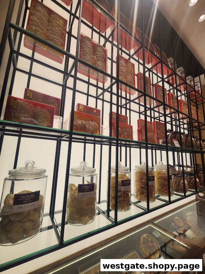 Interior view of WJL 永裕隆, showcasing shelves filled with packaged bird's nest and traditional dried goods in jars.