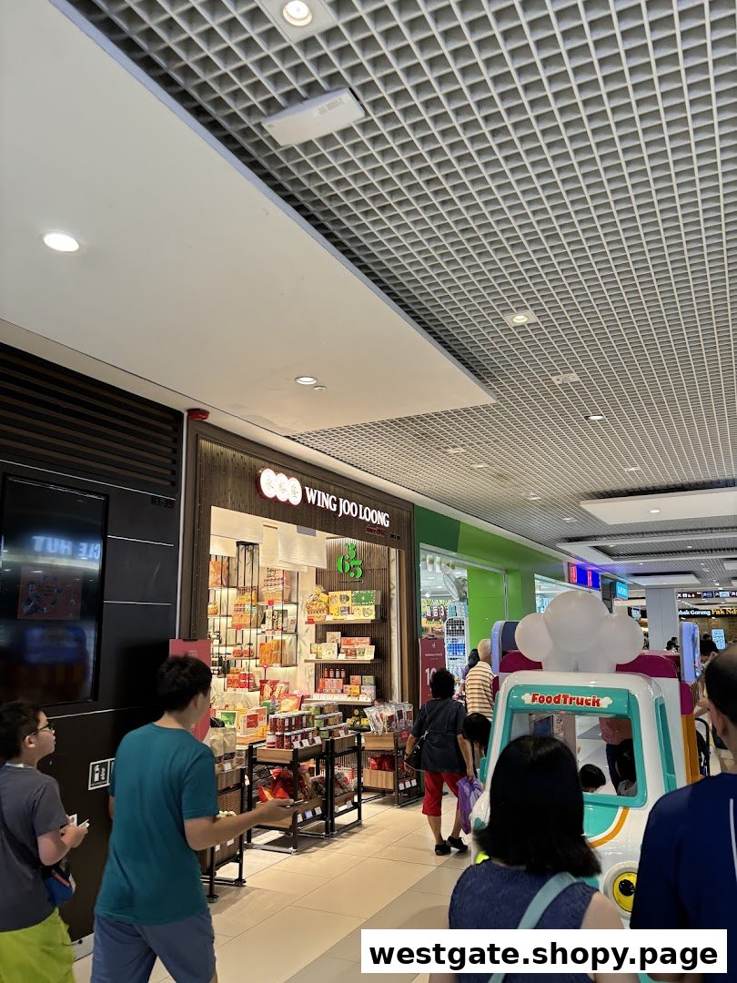 The storefront of Wing Joo Loong, a specialty food shop, within a bustling shopping mall.