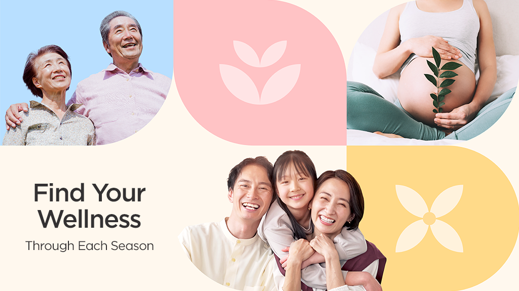 A vibrant collage promoting wellness across all ages and life stages, featuring families and health symbols.