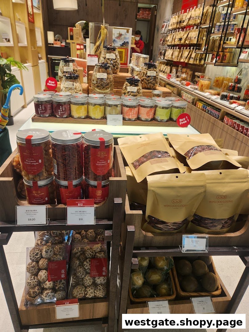 An interior shot of a retail shop displaying various dried goods, herbs, and traditional health products.