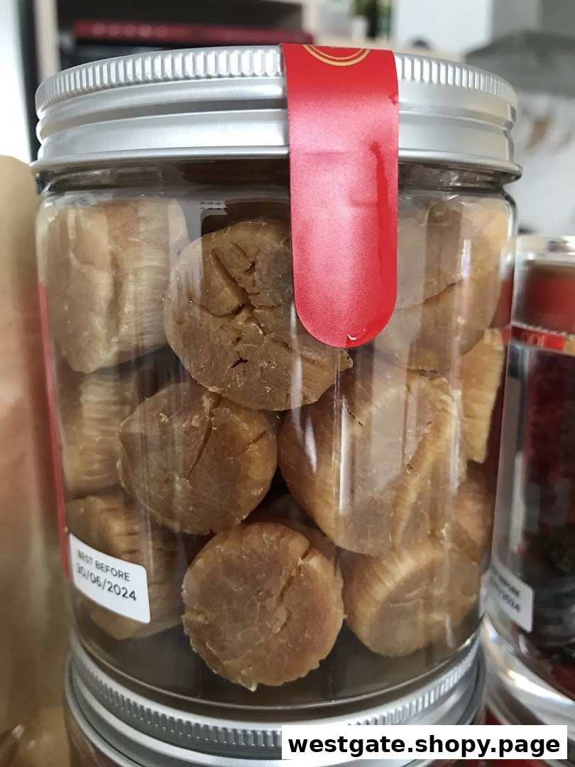 A clear glass jar filled with premium dried scallops, featuring a red label and a 'best before' date.