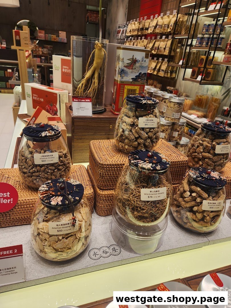 A retail display showcasing various ginseng products, including roots, slices, and dried forms, in clear jars.