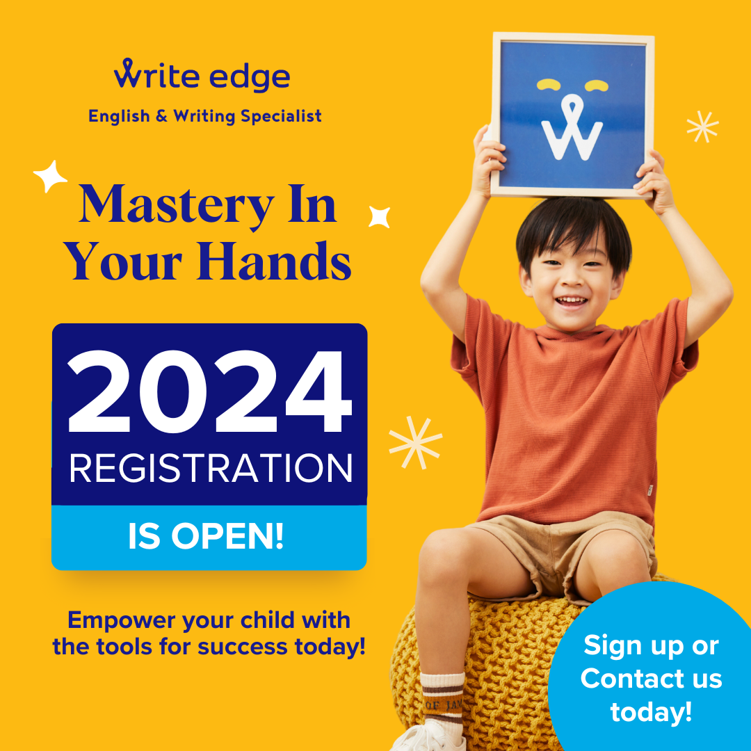Vibrant promotional image for Write Edge, an English and Writing Specialist, featuring a child and 2024 registration.