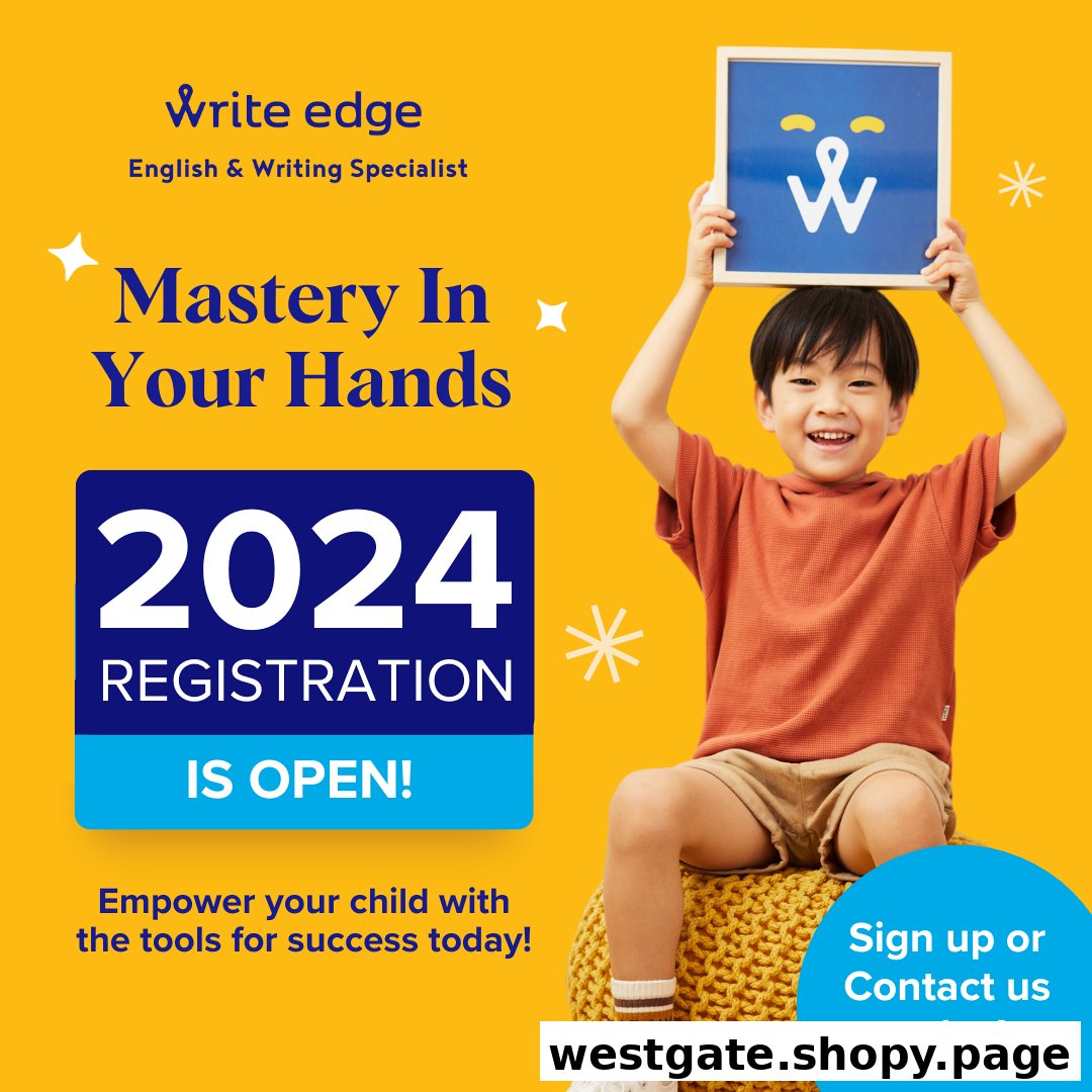Vibrant promotional image for Write Edge, an English and Writing Specialist, featuring a child and 2024 registration.