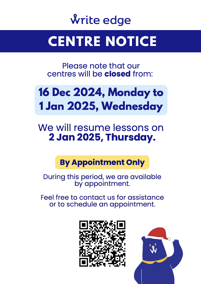 A notice from Write Edge detailing holiday closure dates and appointment-only availability.