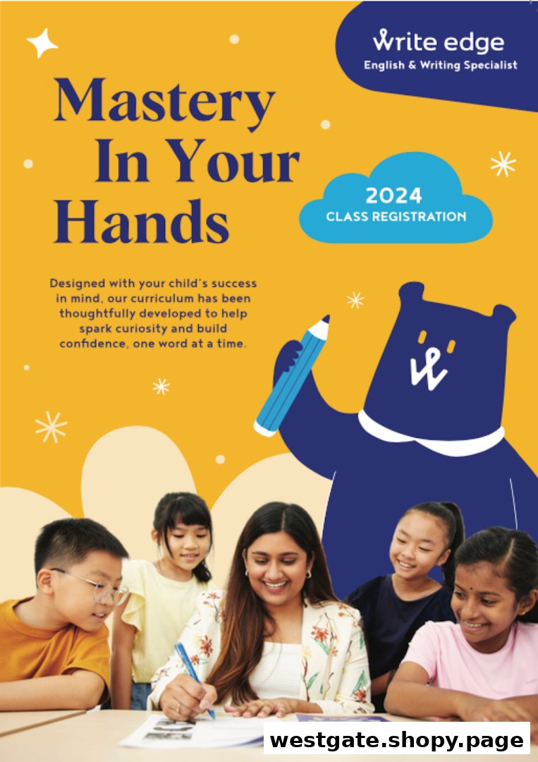 An advertisement for Write Edge, an English and Writing Specialist, featuring a teacher and students.