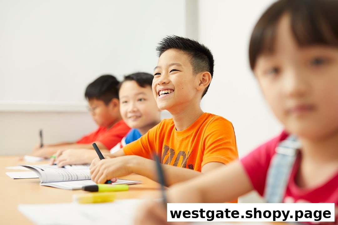 Happy children actively learning and writing in a bright classroom setting.