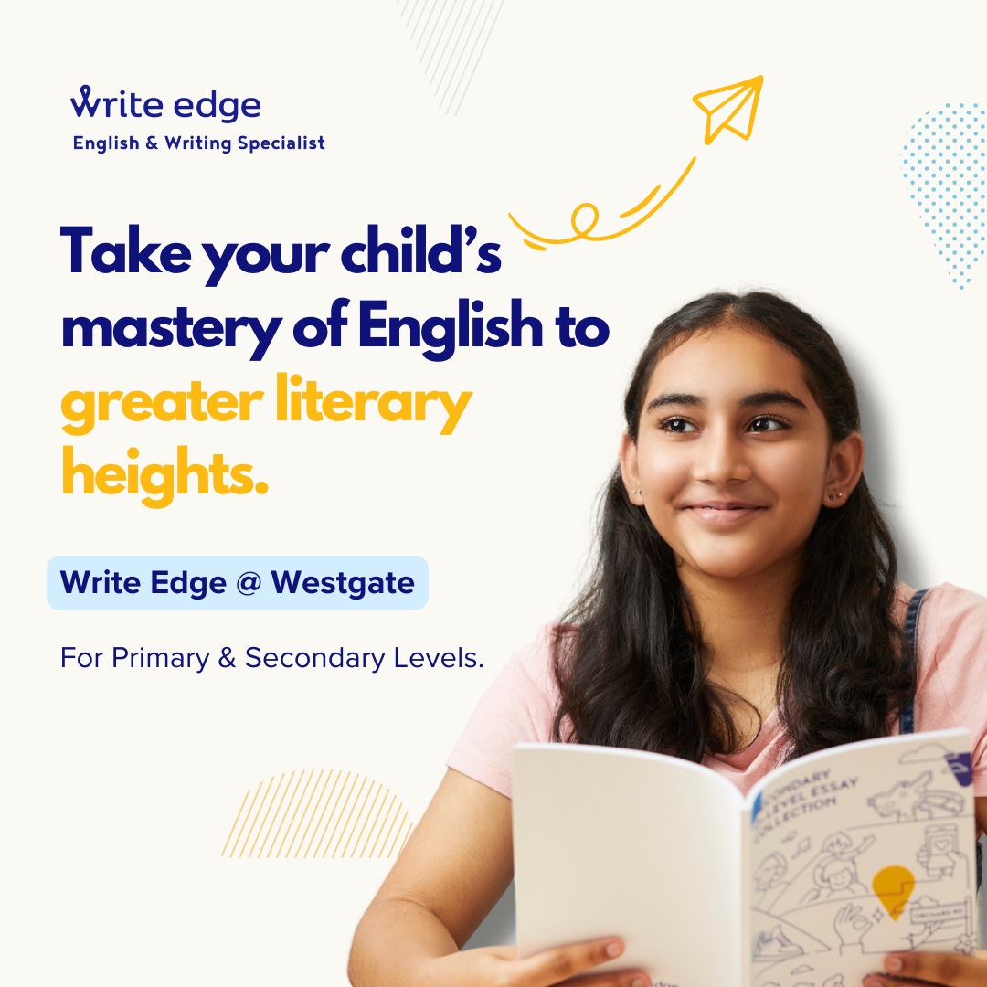 A smiling girl reads a book, accompanied by promotional text for Write Edge English & Writing Specialist.