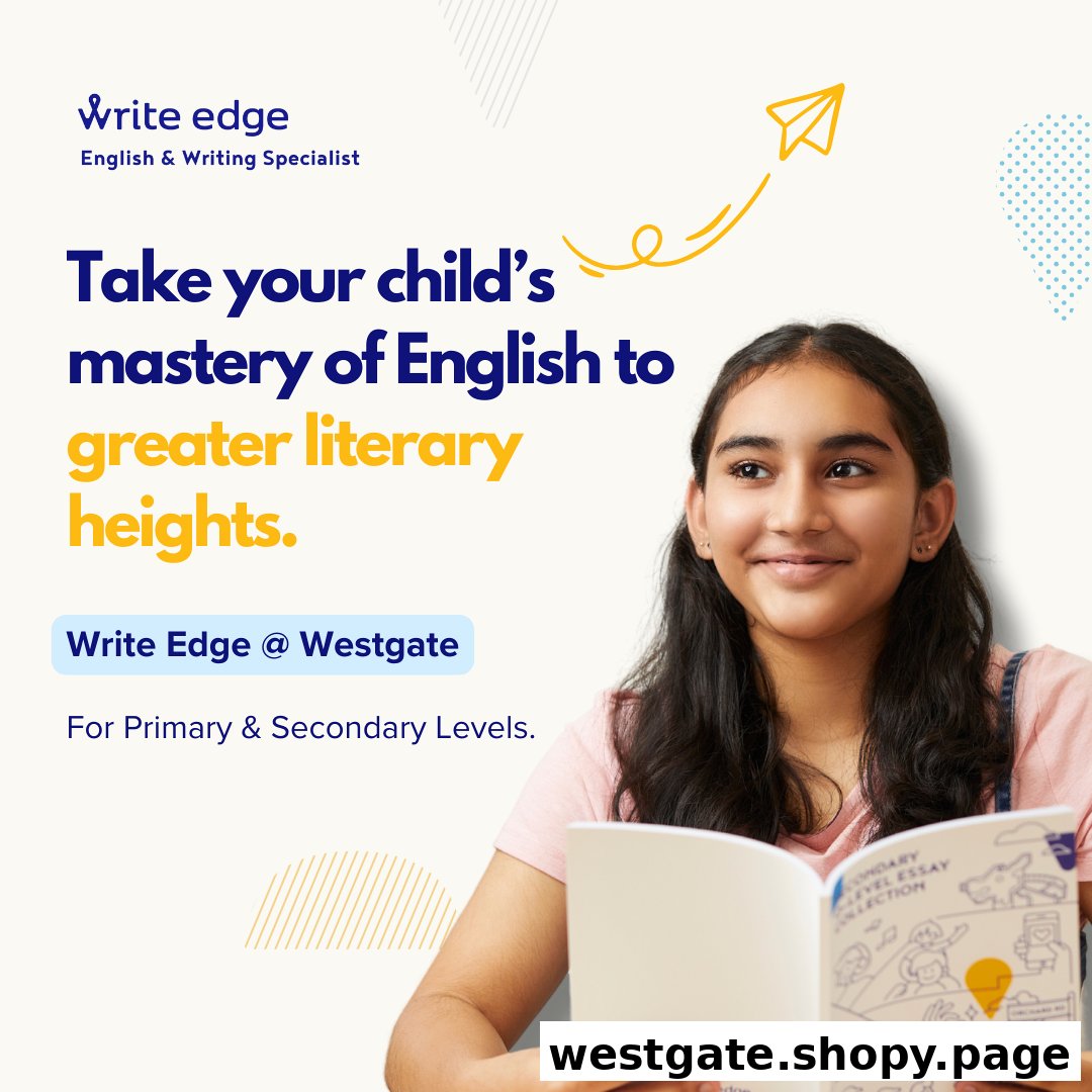 A smiling girl reads a book, accompanied by promotional text for Write Edge English & Writing Specialist.