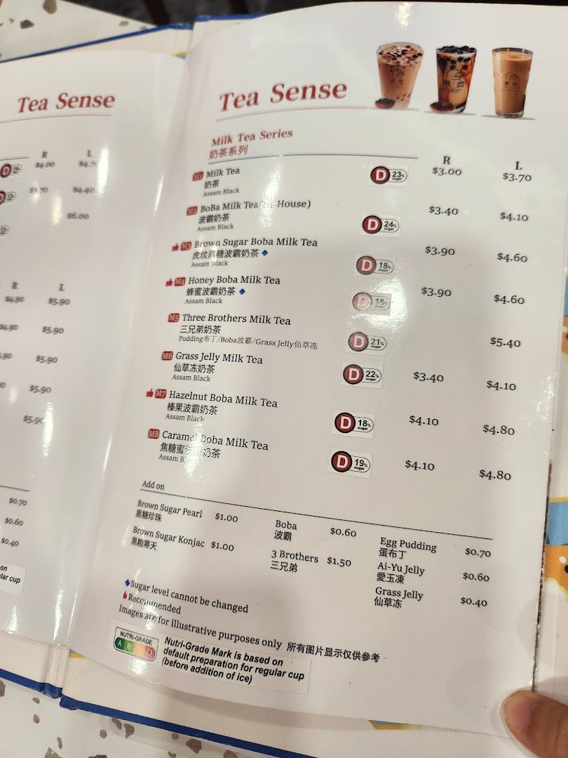 A detailed menu page showcasing various milk tea options and add-ons with prices and Nutri-Grade information.