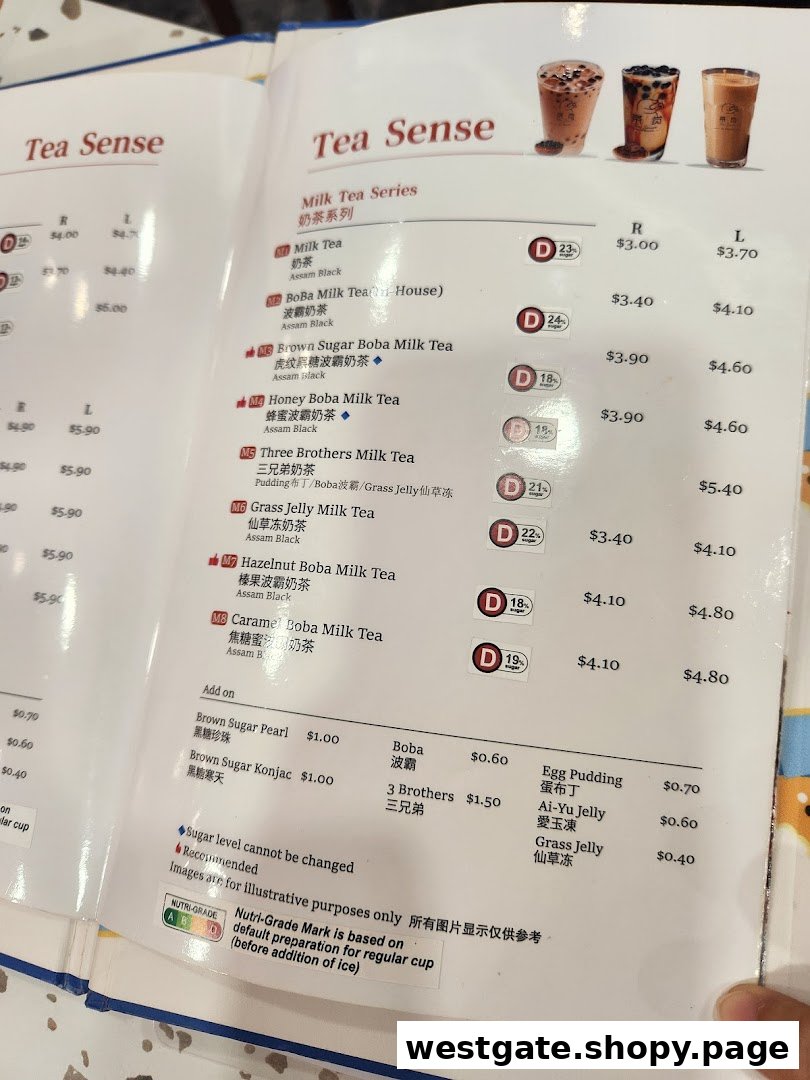A detailed menu page showcasing various milk tea options and add-ons with prices and Nutri-Grade information.